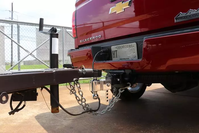 chevy silverado properly hitched to bbq pit trailer