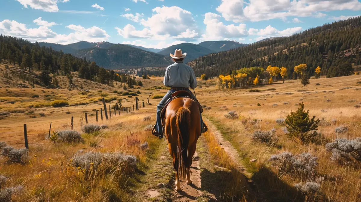 man on a horse riding down a trail on a Montana dude ranch