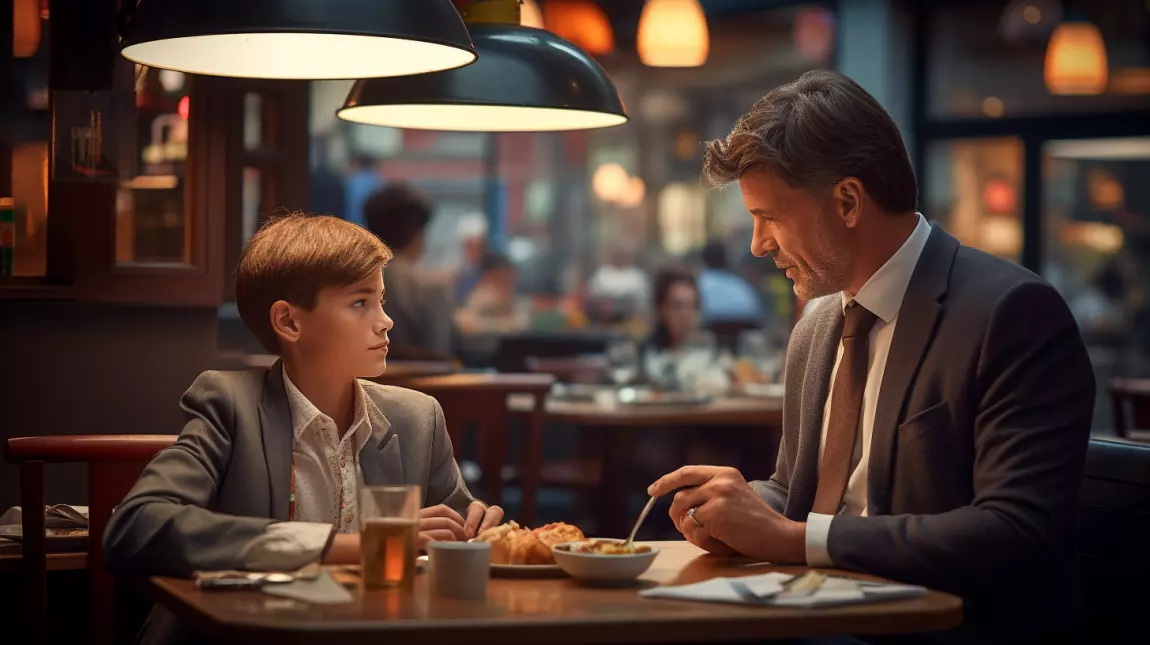 a father and son having lunch together