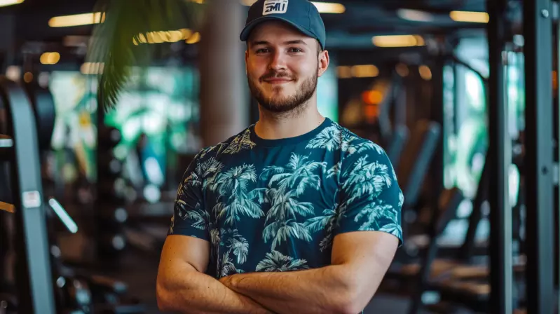 man working out in gym dreaming of vacation