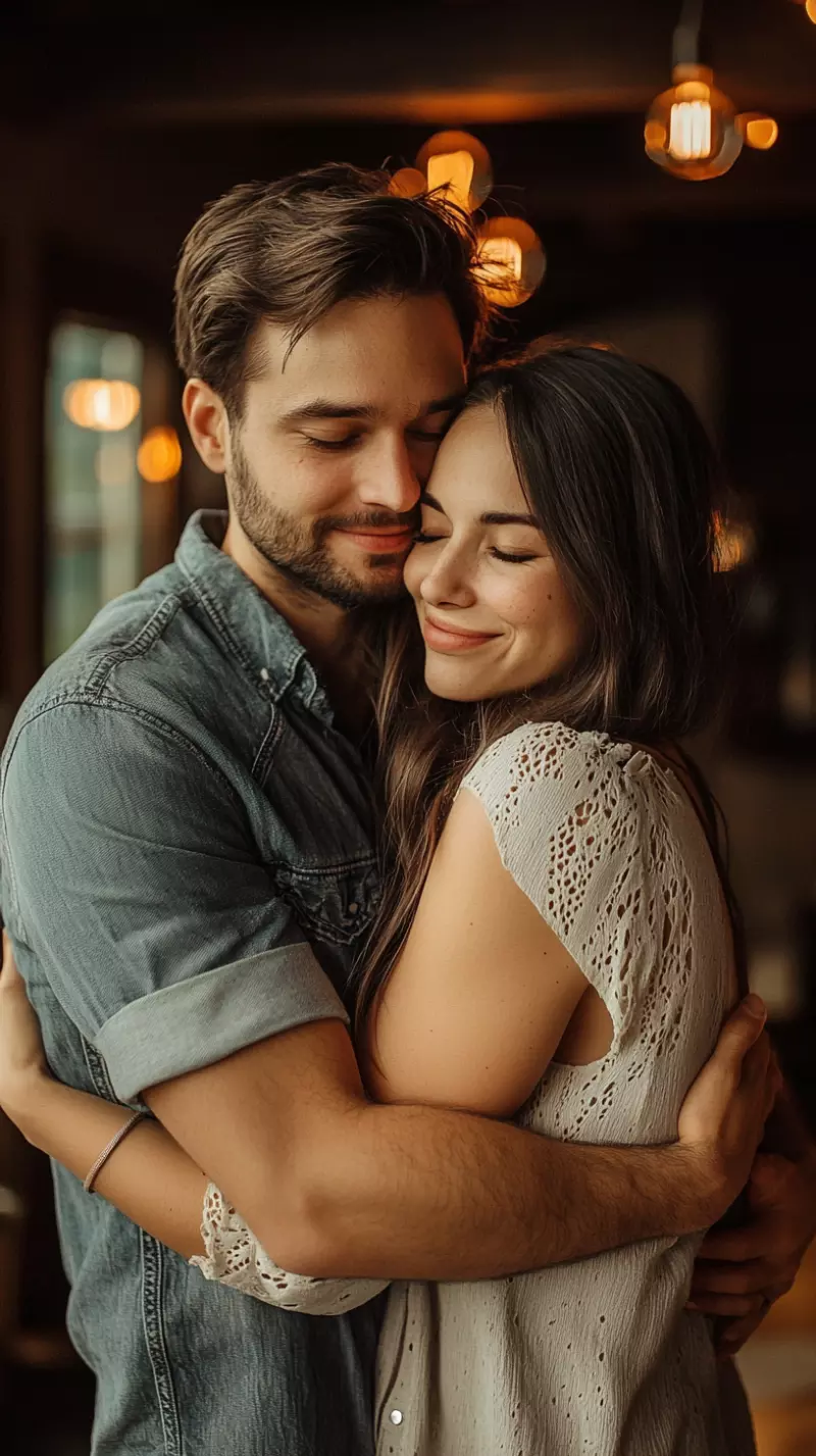 couple hugging after returning from a guys trip