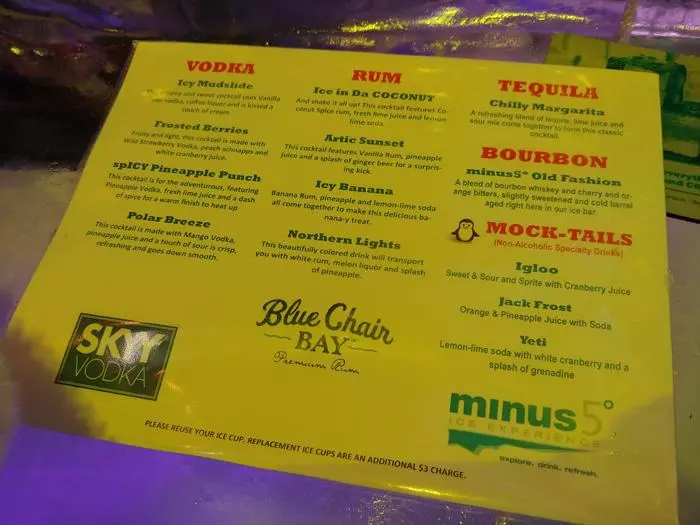 minus 5 ice bar drinks menu