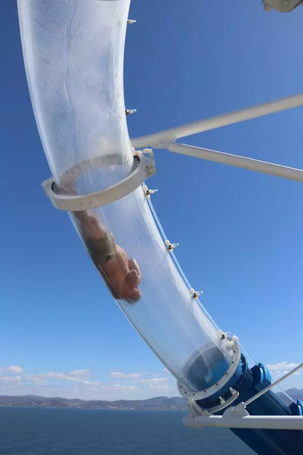 the aqua park Ocean Loops waterslide on Norwegian Bliss sends guests flying over the side of the ship above open water in clear tubes