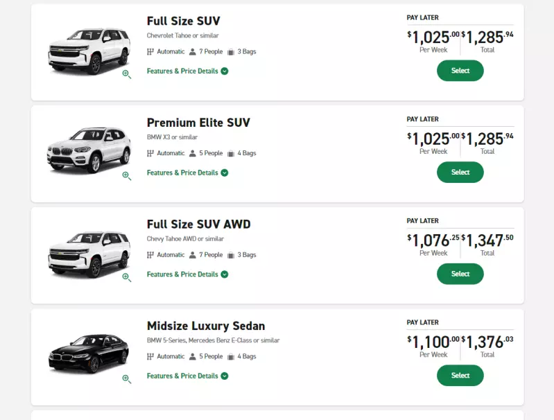 car rental prices and options