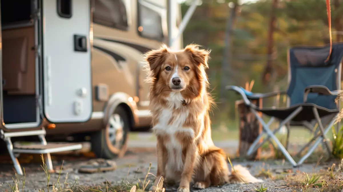 dog sitting happily outside of a camper in an RV park