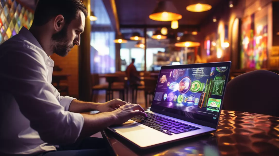 man playing casino games on his laptop