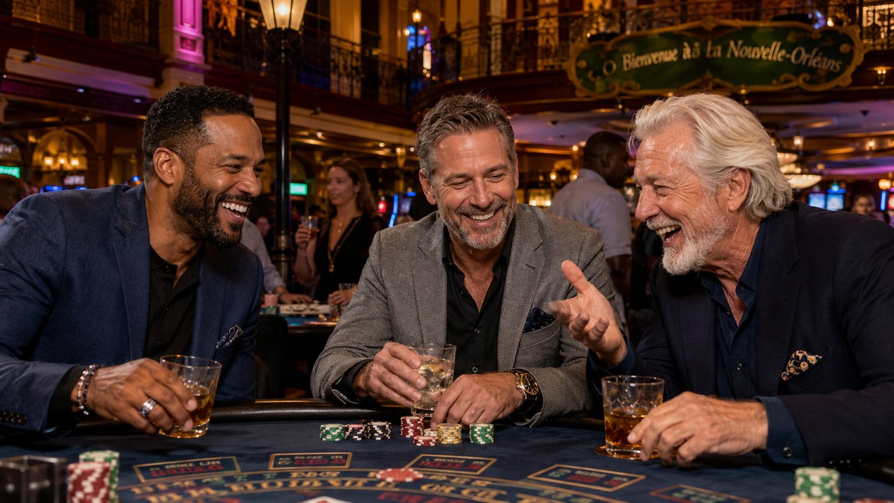 Three men at a casino blackjack table laughing over whiskey glasses under a Bienvenue à la Nouvelle-Orléans sign