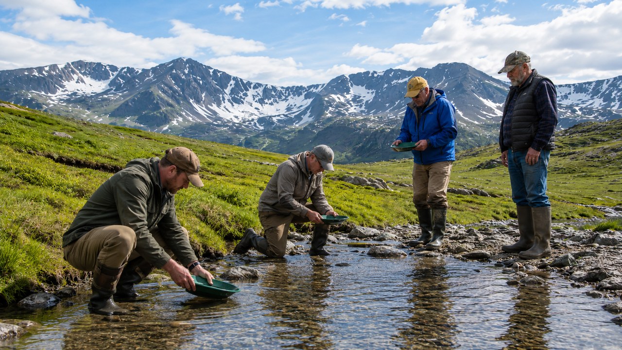 Four guys panning for gold in an alpine creek below snowy peaks on an Alaska wilderness lodge excursion