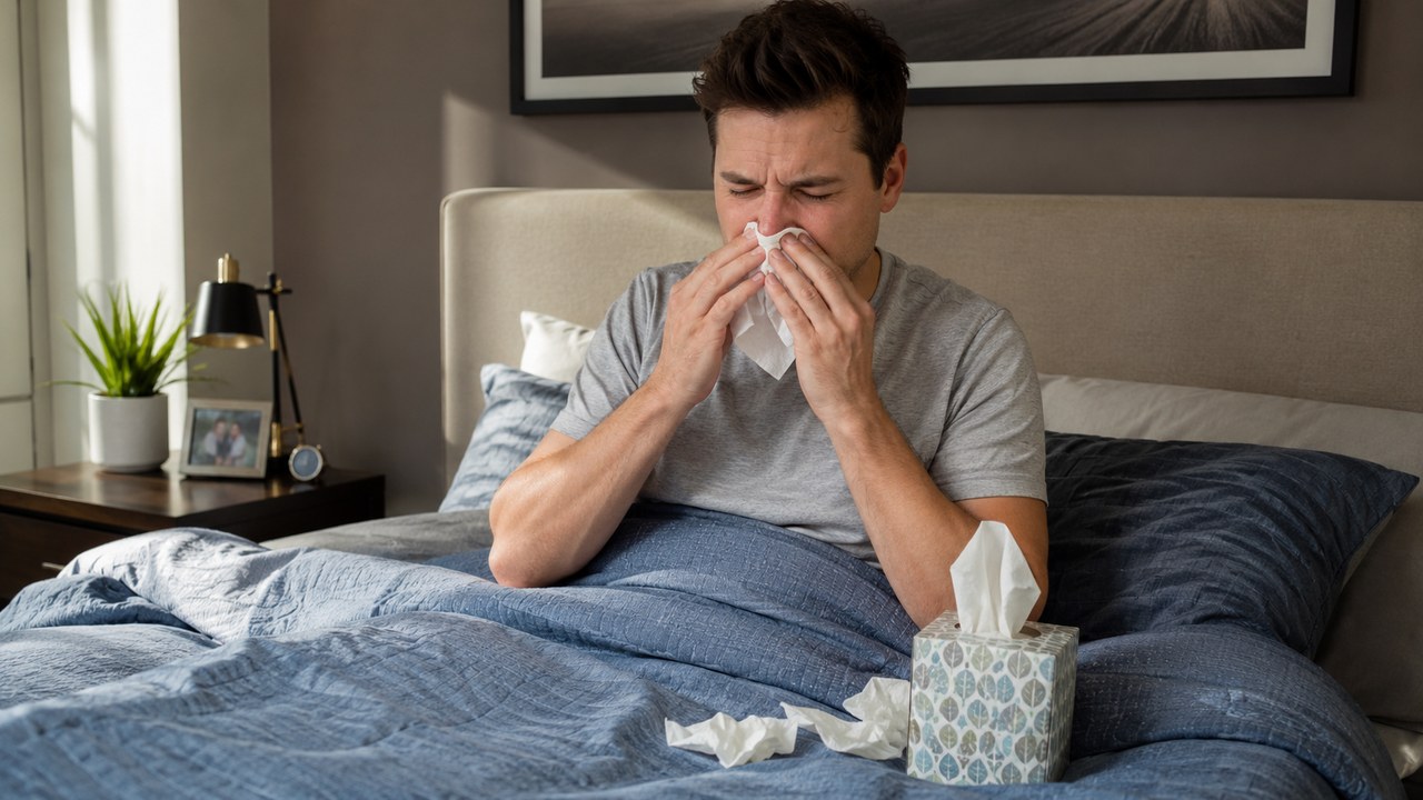 Man sitting up in bed blowing his nose into a tissue, with a tissue box on the blue bedding