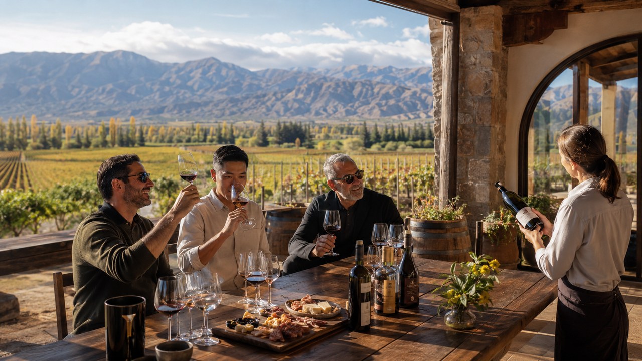 Three guys at a Mendoza vineyard tasting with a sommelier presenting a bottle, Andes mountains and rolling vineyards in the background