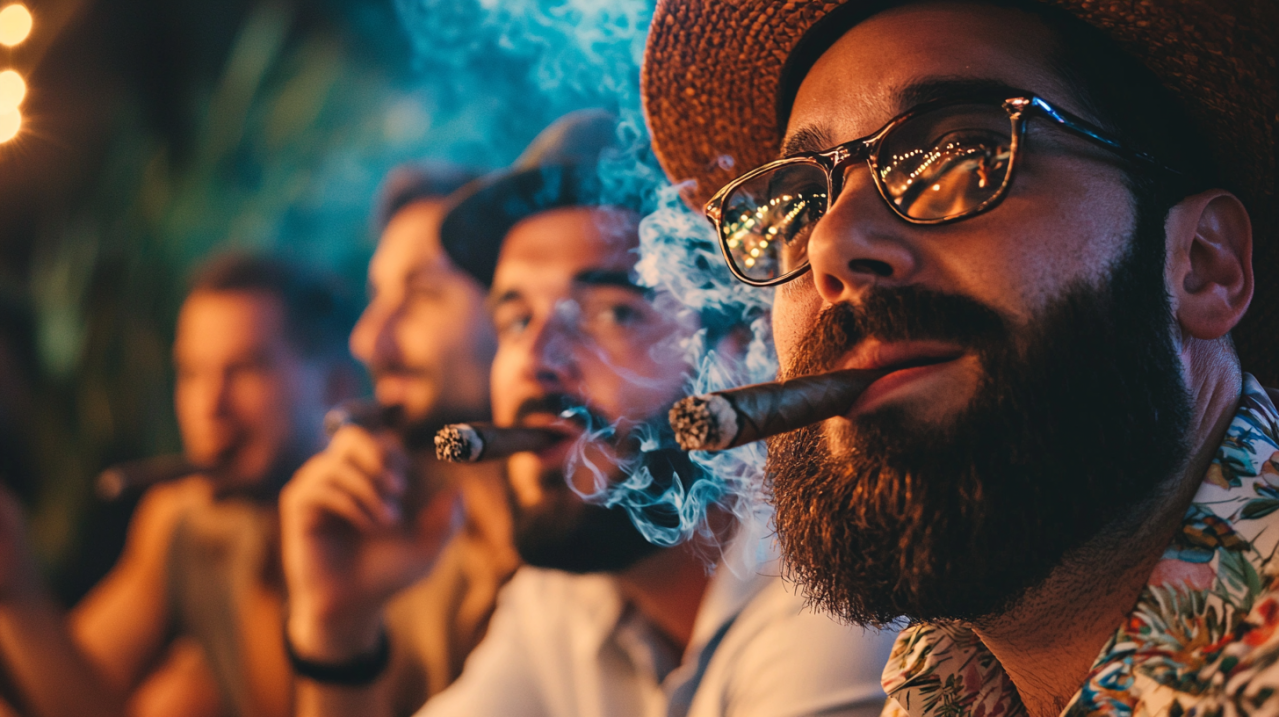 men smoking cigars on a bachelor party weekend trip