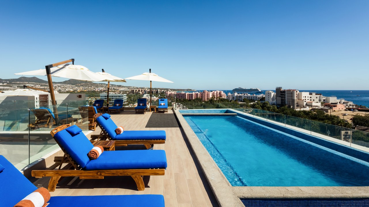 Rooftop pool overlooking downtown Cabo San Lucas at the Kadun hotel