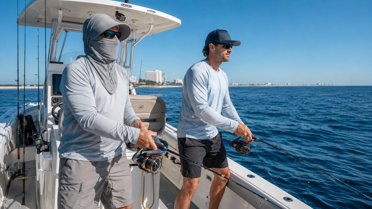 Two men fishing off the coast of Alabama from a center console boat, one in a navy snapback and one in a sun-protection balaclava with wide brim