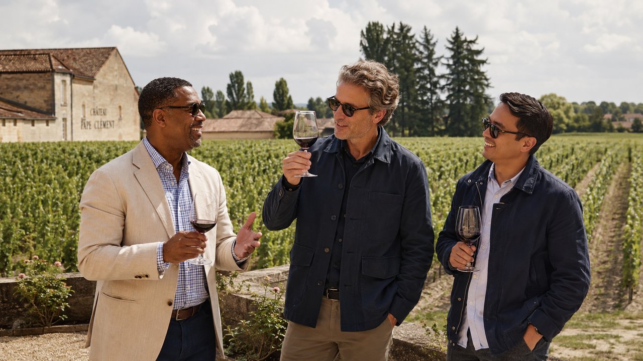 Three men tasting red wine among the vines at Chateau Pape Clement outside Bordeaux, France on a guys trip