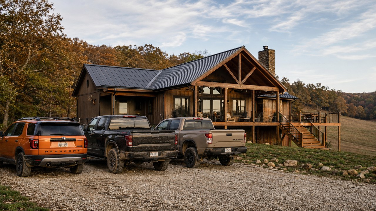 A modern timber-frame hunting cabin with a black metal roof, covered porch, and elevated deck, with three trucks parked on the gravel drive amid fall foliage in rural Tennessee.