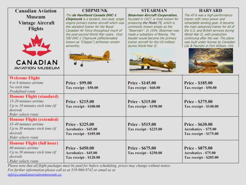 canadian aviation museum vintage aircraft flights price list april 2025