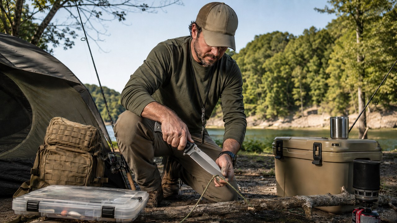 Man at a lakeside campsite using a fixed-blade outdoor knife to cut paracord with fishing rods, tackle box, and cooler nearby