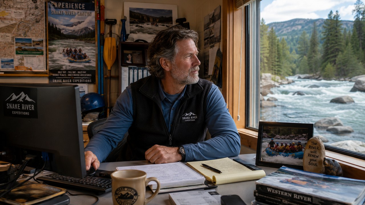 A seasoned river-guide owner at his desk in an office filled with rafting paddles and Snake River Expeditions branding, with the river visible through the window behind him