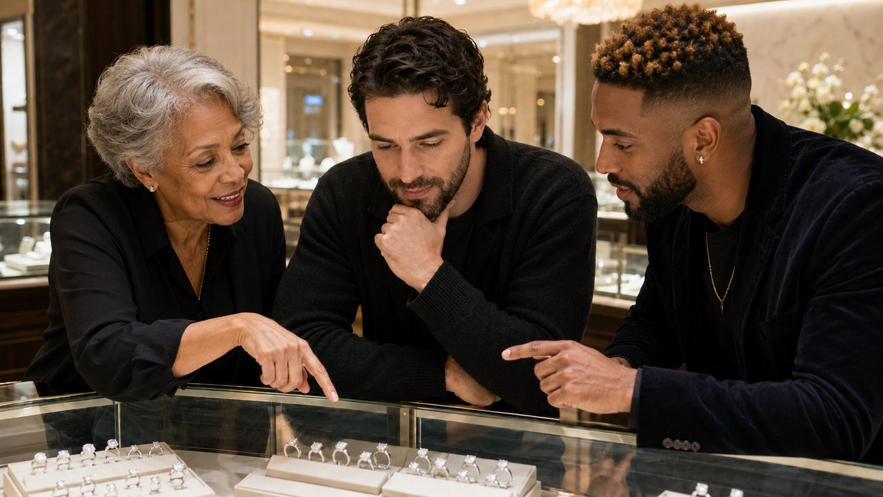 Man comparing engagement rings at a jewelry counter while a female friend and a male friend each point out a different ring