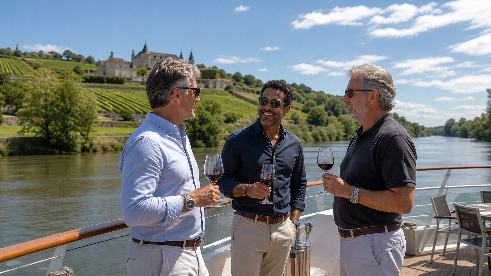 Three middle-aged men toasting with red wine on the deck of a river cruise ship passing a hilltop chateau and vineyards along a French river