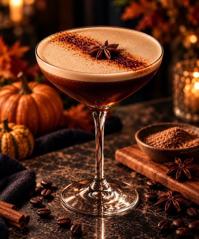 Espresso Pumptini cocktail with star anise and brûléed spice garnish