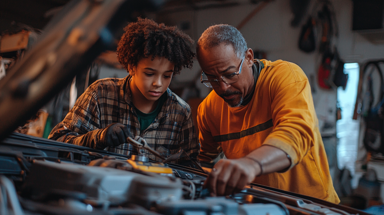 father and son working together on a car