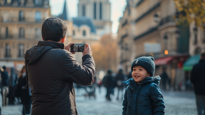 father taking photo of his son on trip to paris