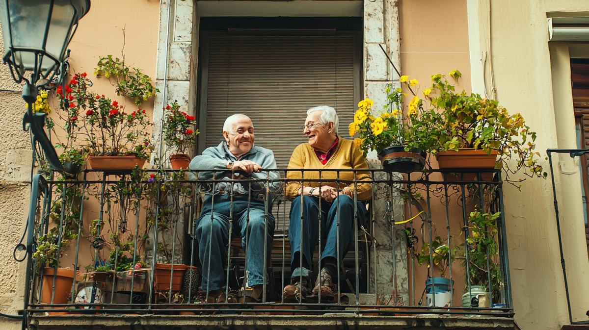 two men on a balcony talking about retirement