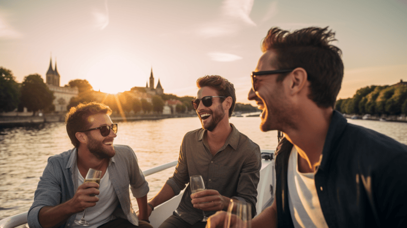 men on a river boat wine tour