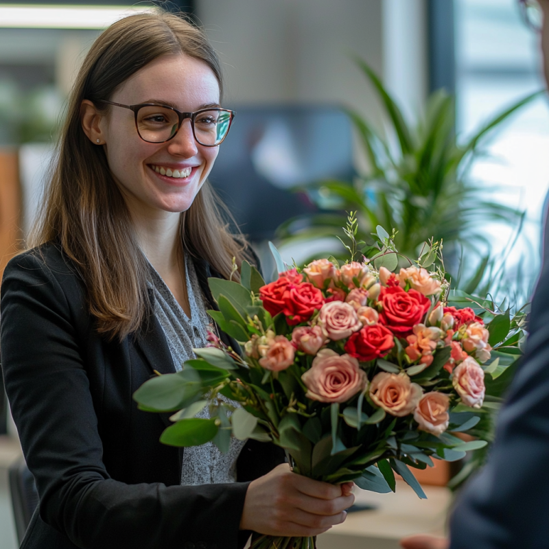 wife getting a flower delivery at her office