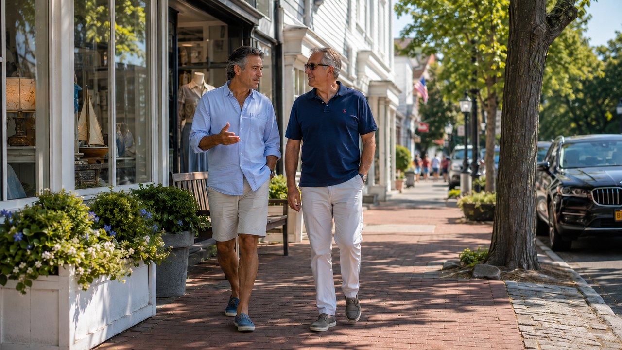 Two men walking down a Hamptons village Main Street past storefronts on a summer afternoon
