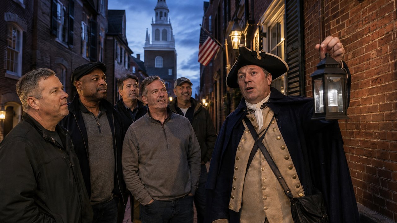 Costumed guide holding a lantern leads a group of men on a nighttime ghost tour through a historic brick alley