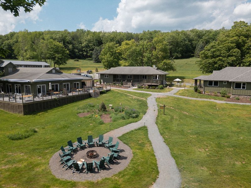Aerial view of the Hemlock resort property and fire pit circle in the Catskills of upstate New York