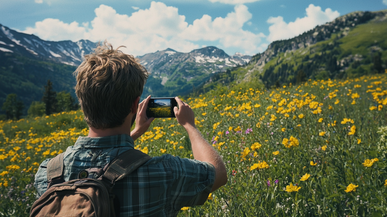 man taking video of a mountain while visiting switzerland