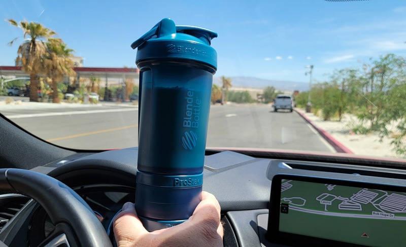 on the road with protein shake