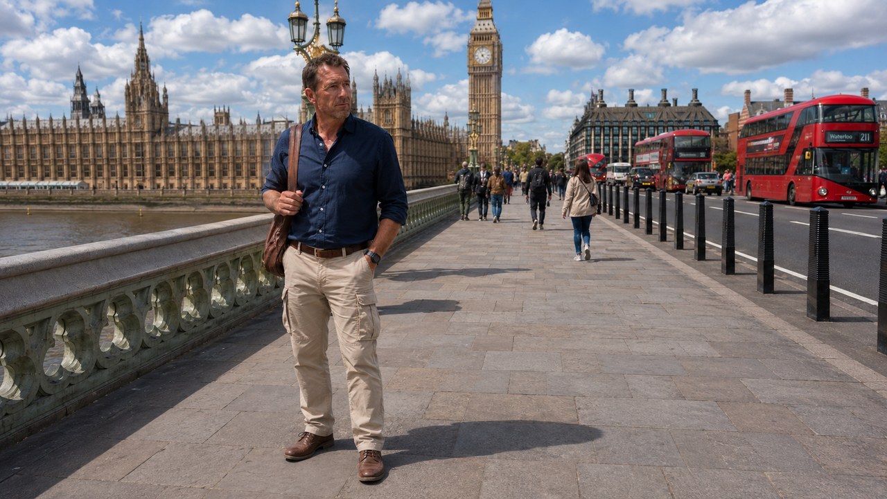 A man in well-fitted beige cargo pants and leather shoes walking across Westminster Bridge with Big Ben and the Houses of Parliament in the background