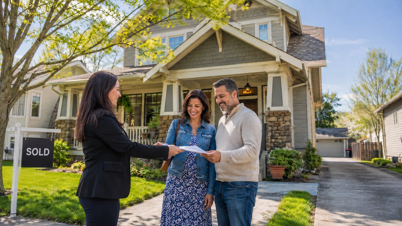Real estate agent handing closing paperwork to a couple in front of a sold craftsman home