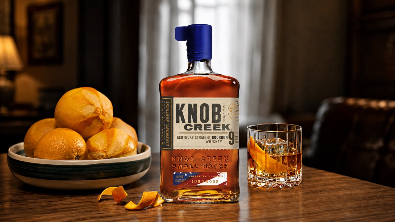 Knob Creek BBQ Old Fashioned cocktail with an orange peel next to the Independence Edition bottle