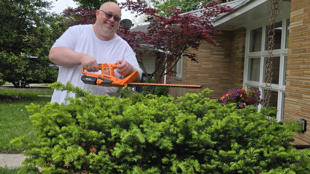 Man trimming a yew bush with the orange LawnMaster 22-Inch 24V Cordless Hedge Trimmer in front of a brick house