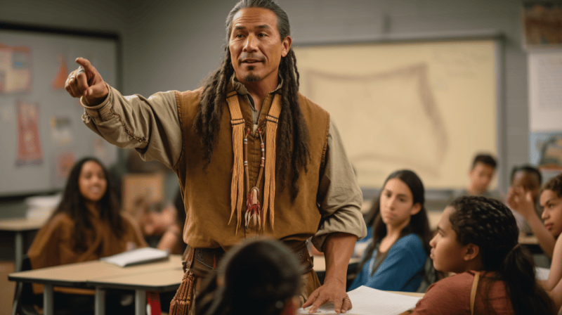 friendly native america man with long black hair teaching a class