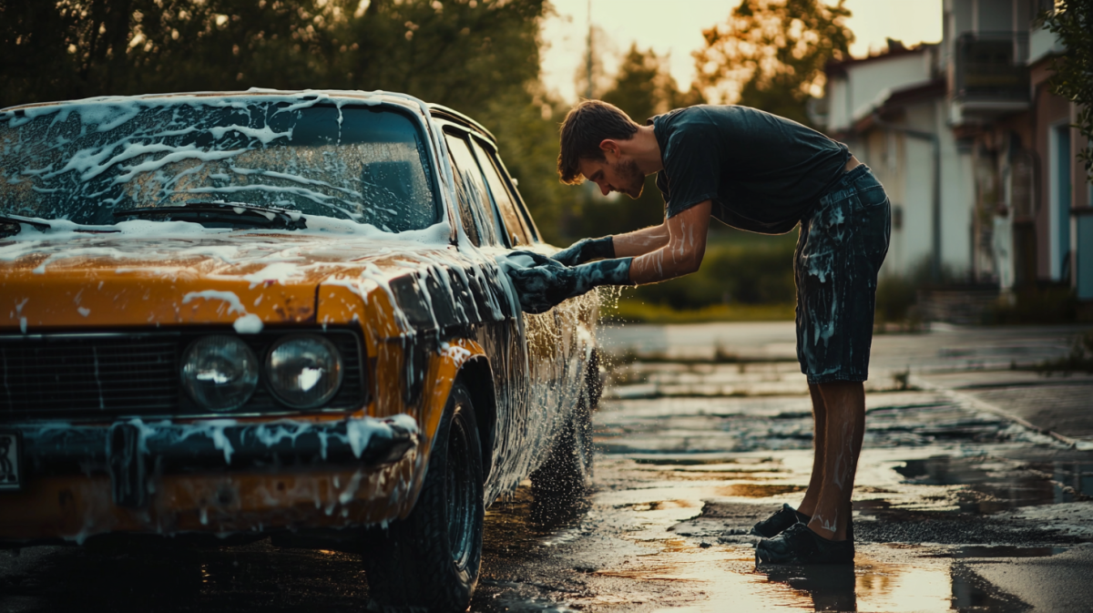 man washing his car getting it ready to sell