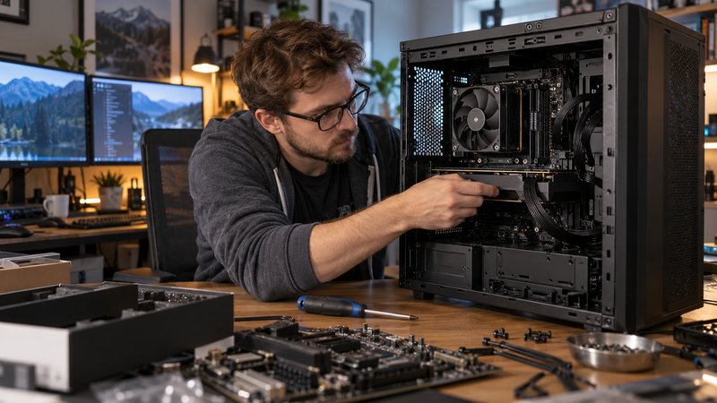 Man installing a graphics card in a new desktop PC build