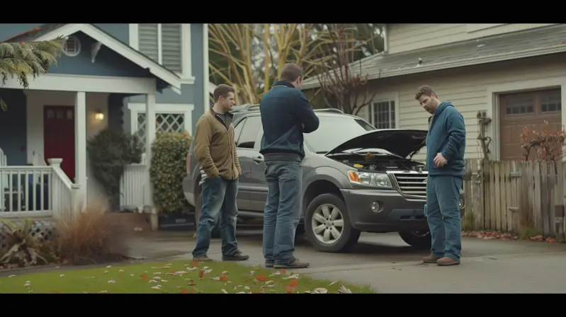 group of men staring at broken car