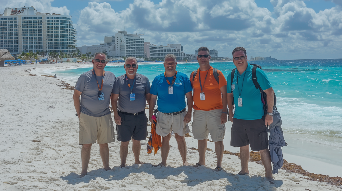 A group of men enjoying their all-inclusive Cancun resort, relaxing on the beach with their resort in the background.