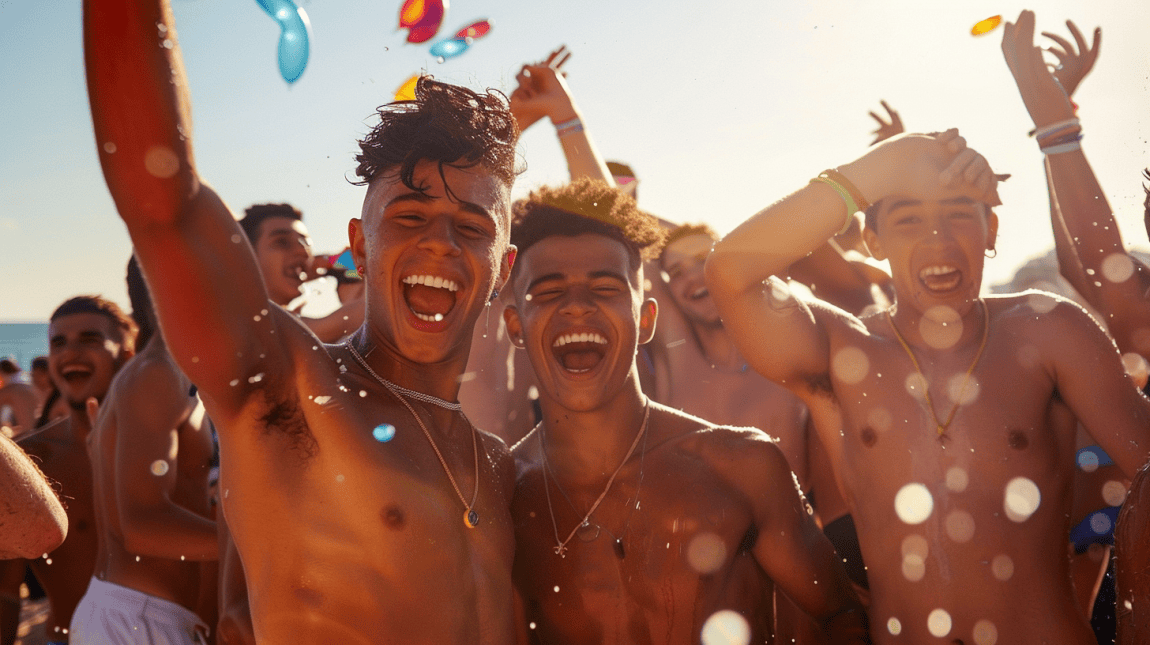 lads holiday beach party in ibiza