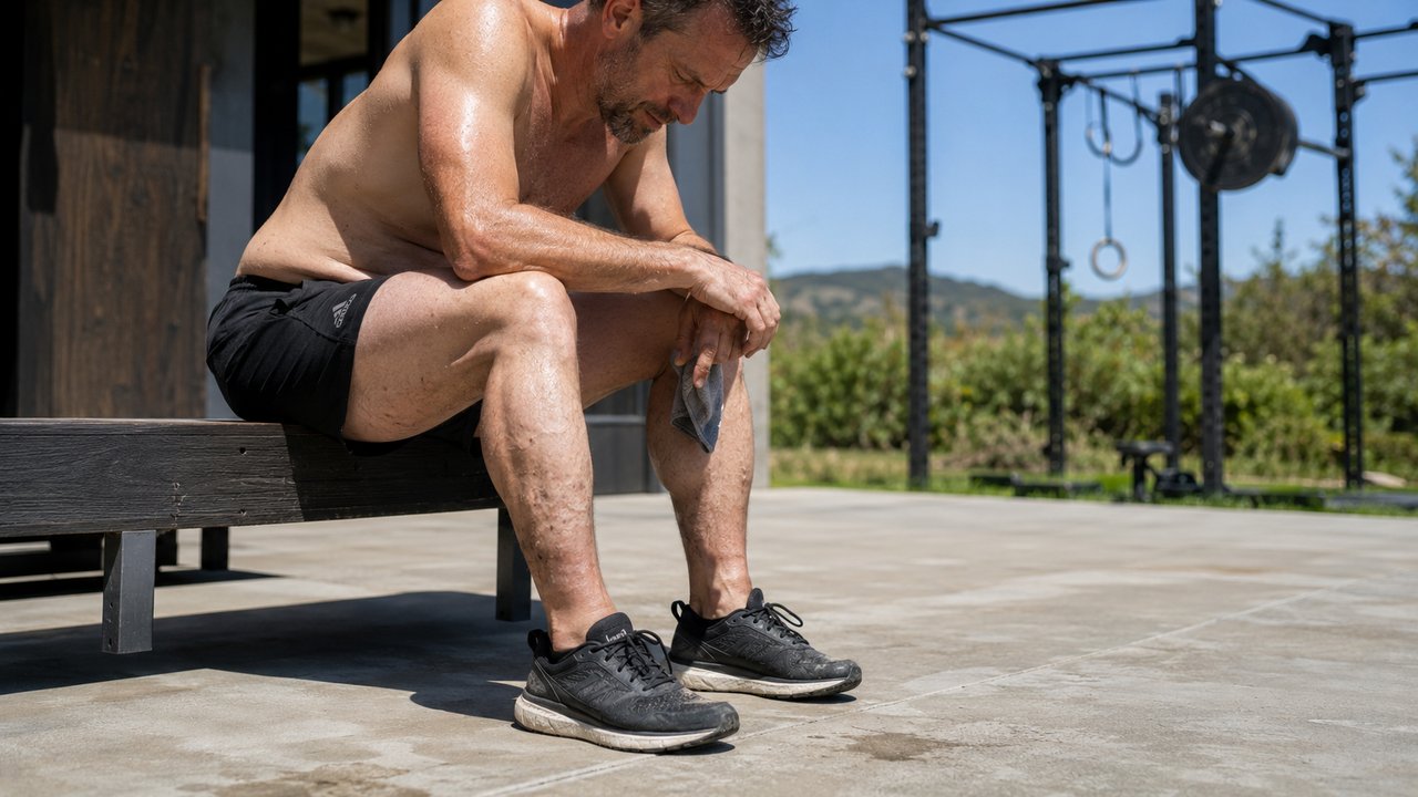 Man sitting on a bench after a workout, resting and checking his lower legs