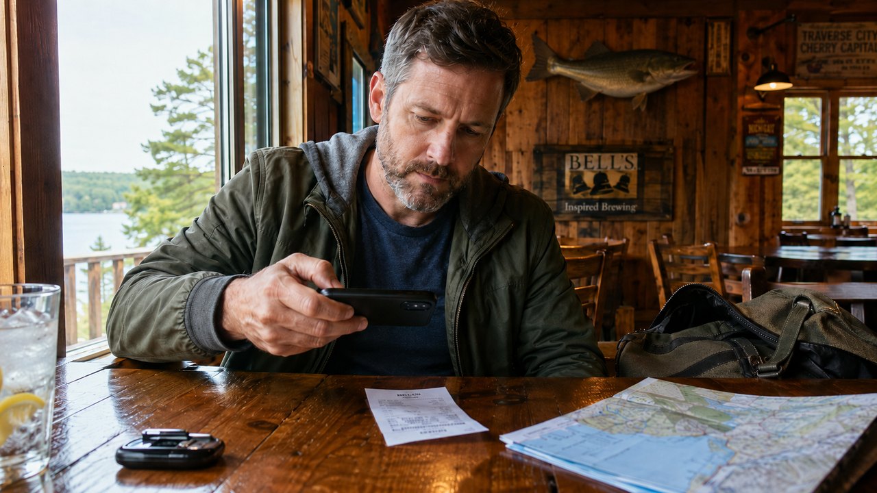 A man checks his travel expenses on his phone with a paper receipt and road map on the table at a northern Michigan lake lodge