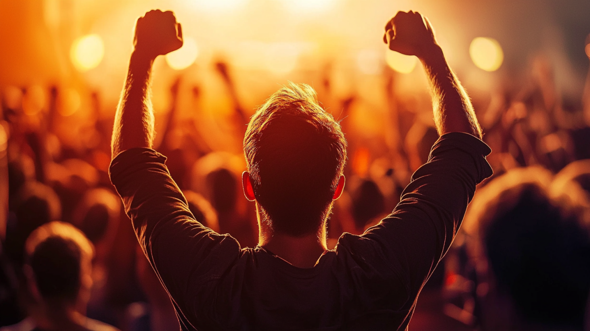 man at loud music concert protecting his hearing