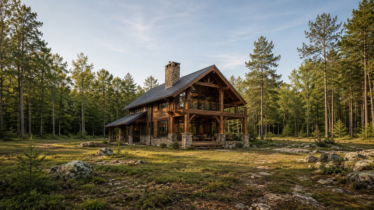 A modern timber frame cabin with a stone base, black metal roof, and a timber gable over a wall of windows in a pine clearing.