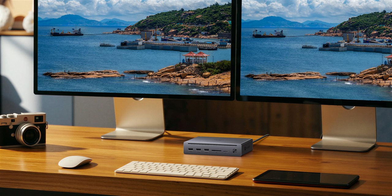 UGREEN Revodok Maxidok 10-in-1 Thunderbolt 5 Docking Station on a desk with dual monitors